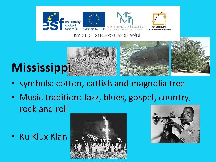 Mississippi • symbols: cotton, catfish and magnolia tree • Music tradition: Jazz, blues, gospel,