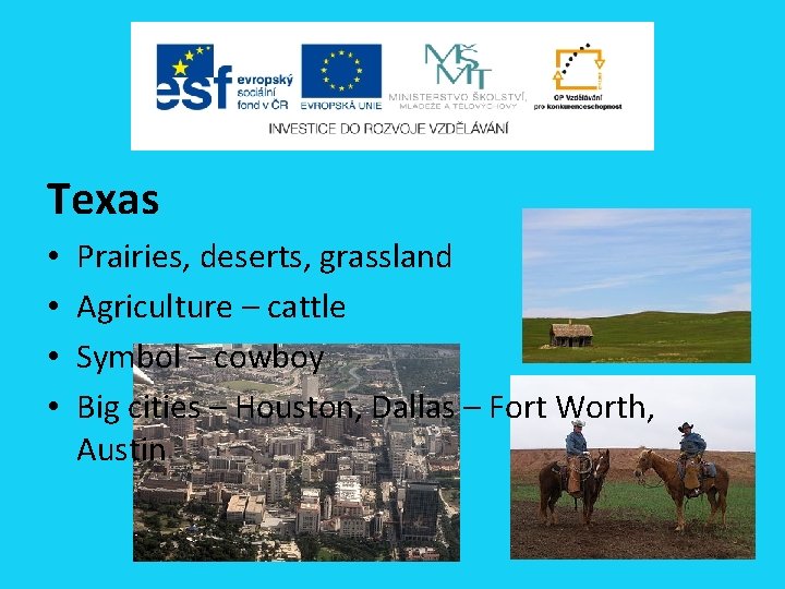 Texas • • Prairies, deserts, grassland Agriculture – cattle Symbol – cowboy Big cities