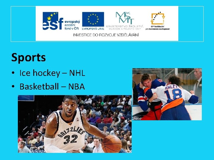 Sports • Ice hockey – NHL • Basketball – NBA 