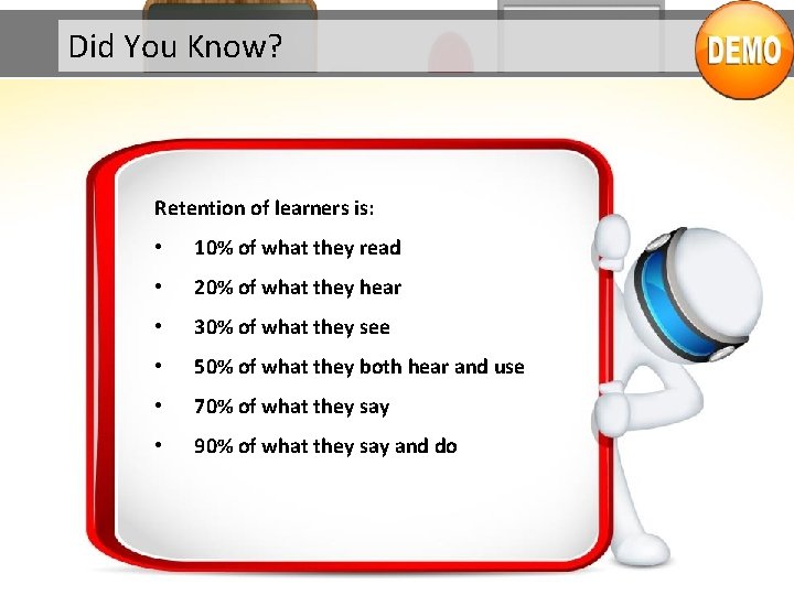 Did You Know? Retention of learners is: • 10% of what they read •