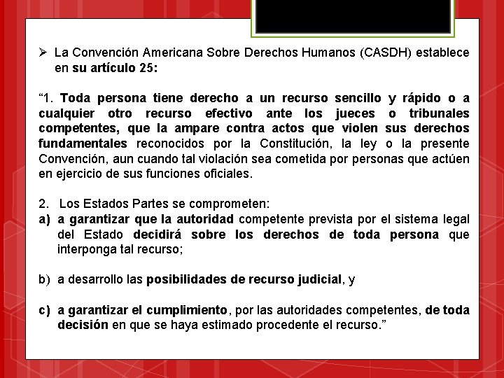 Ø La Convención Americana Sobre Derechos Humanos (CASDH) establece en su artículo 25: “