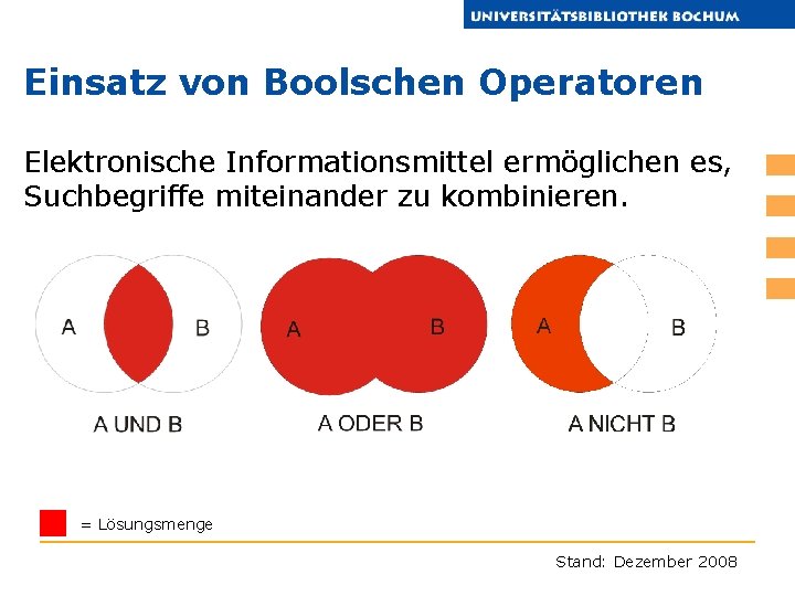 Einsatz von Boolschen Operatoren Elektronische Informationsmittel ermöglichen es, Suchbegriffe miteinander zu kombinieren. = Lösungsmenge