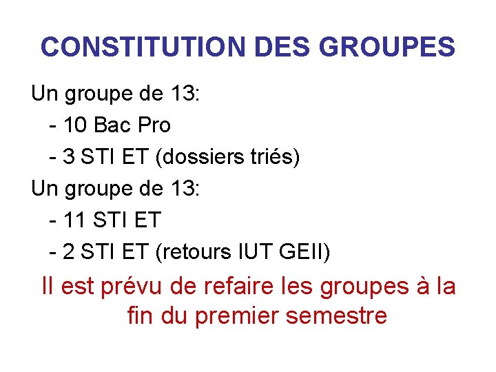CONSTITUTION DES GROUPES Un groupe de 13: - 10 Bac Pro - 3 STI CONSTITUTION DES GROUPES Un groupe de 13: - 10 Bac Pro - 3 STI
