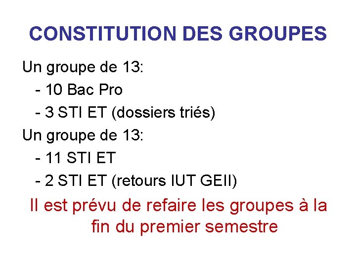CONSTITUTION DES GROUPES Un groupe de 13: - 10 Bac Pro - 3 STI