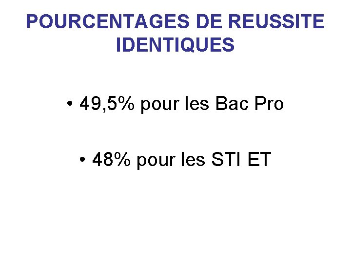 POURCENTAGES DE REUSSITE IDENTIQUES • 49, 5% pour les Bac Pro • 48% pour POURCENTAGES DE REUSSITE IDENTIQUES • 49, 5% pour les Bac Pro • 48% pour