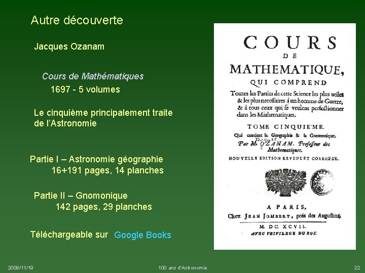 Autre découverte Jacques Ozanam Cours de Mathématiques 1697 - 5 volumes Le cinquième principalement