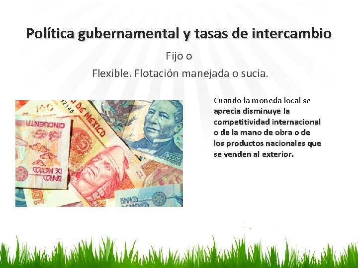 Política gubernamental y tasas de intercambio Fijo o Flexible. Flotación manejada o sucia. Cuando