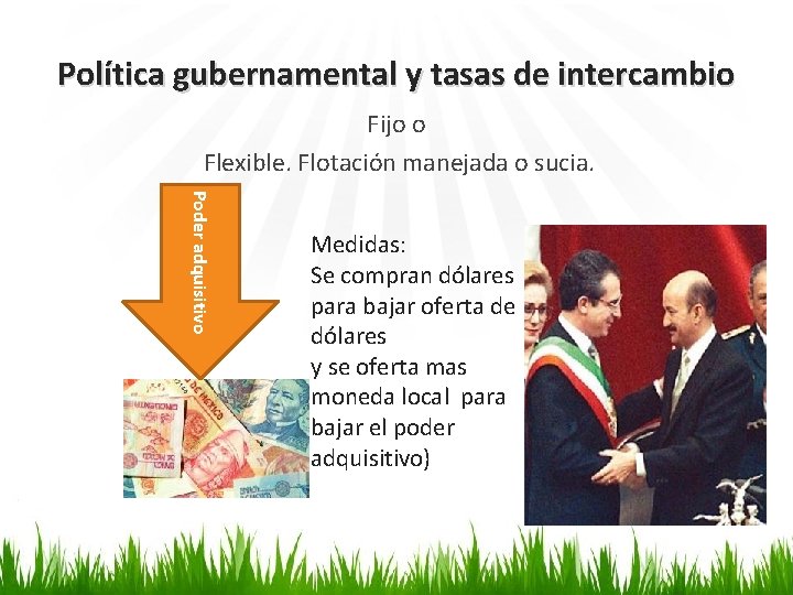 Política gubernamental y tasas de intercambio Fijo o Flexible. Flotación manejada o sucia. Poder