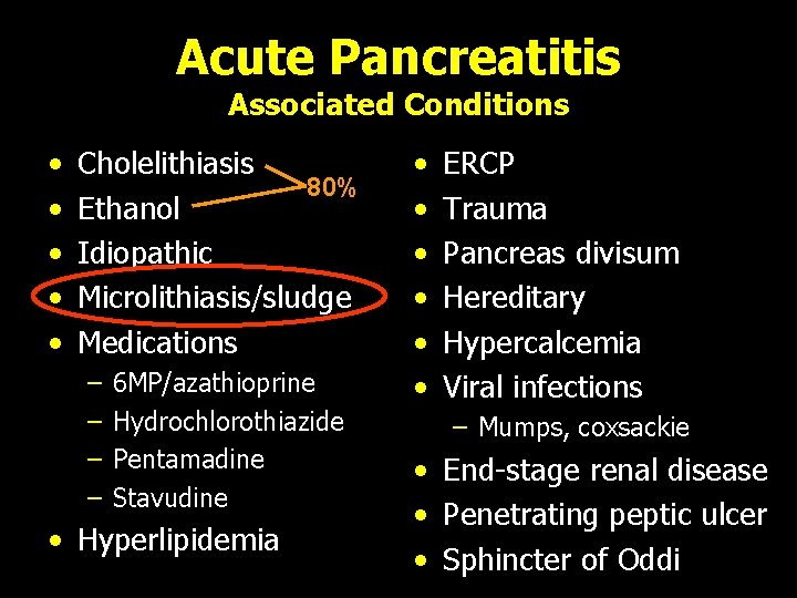 Acute Pancreatitis Associated Conditions • • • Cholelithiasis 80% Ethanol Idiopathic Microlithiasis/sludge Medications –