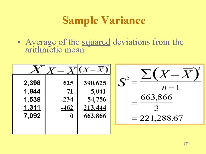 Sample Variance • Average of the squared deviations from the arithmetic mean 2, 398