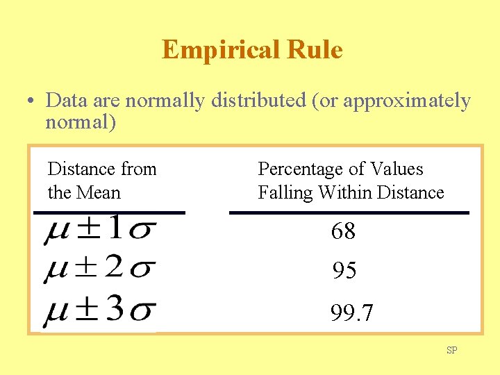 Empirical Rule • Data are normally distributed (or approximately normal) Distance from the Mean