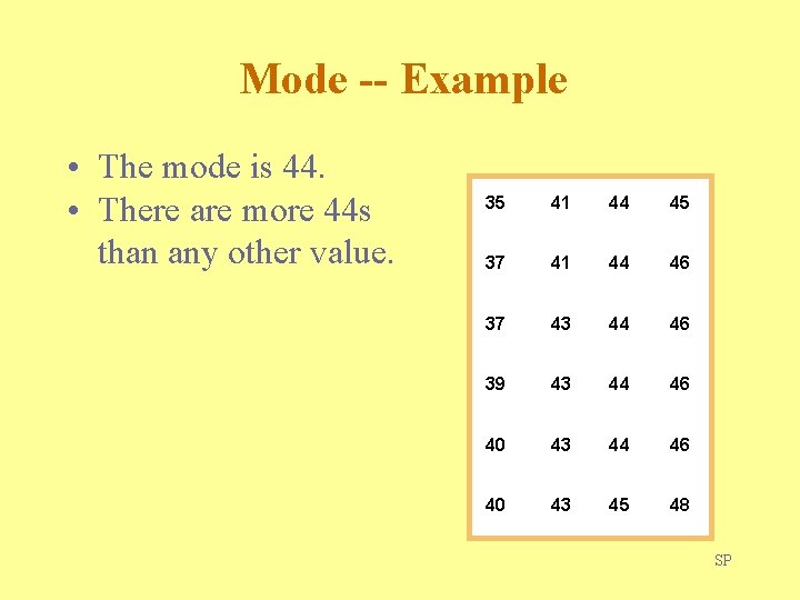 Mode -- Example • The mode is 44. • There are more 44 s