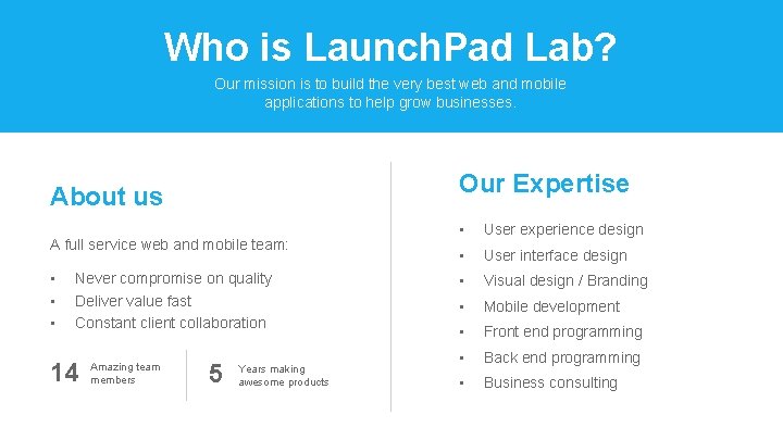 Who is Launch. Pad Lab? Our mission is to build the very best web