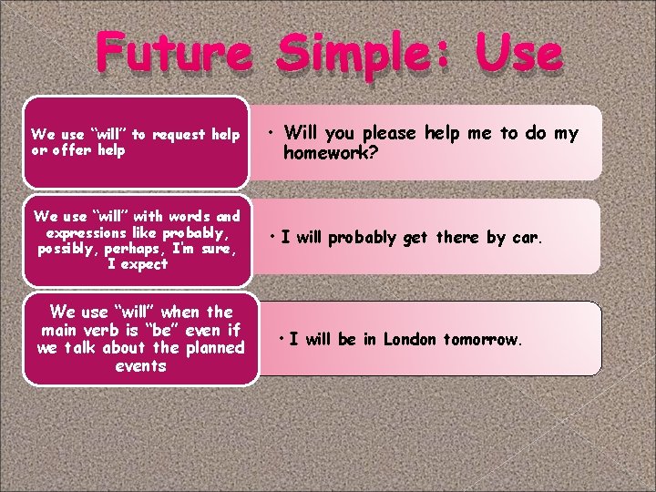 Future Simple: Use We use “will” to request help or offer help • Will