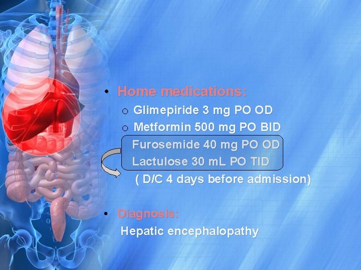  • Home medications: o Glimepiride 3 mg PO OD o Metformin 500 mg