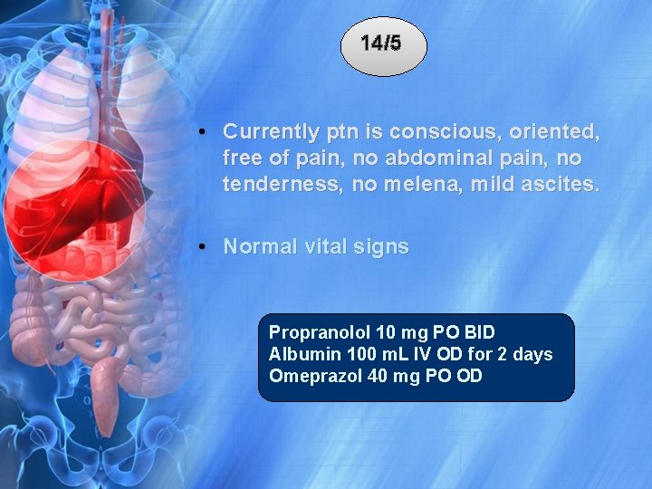 14/5 • Currently ptn is conscious, oriented, free of pain, no abdominal pain, no