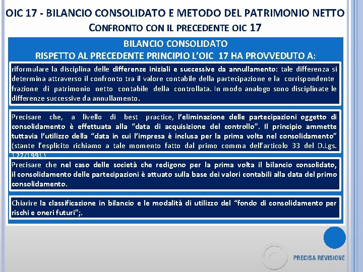 OIC 17 - BILANCIO CONSOLIDATO E METODO DEL PATRIMONIO NETTO CONFRONTO CON IL PRECEDENTE