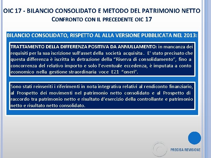 OIC 17 - BILANCIO CONSOLIDATO E METODO DEL PATRIMONIO NETTO CONFRONTO CON IL PRECEDENTE