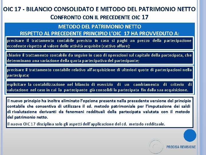 OIC 17 - BILANCIO CONSOLIDATO E METODO DEL PATRIMONIO NETTO CONFRONTO CON IL PRECEDENTE