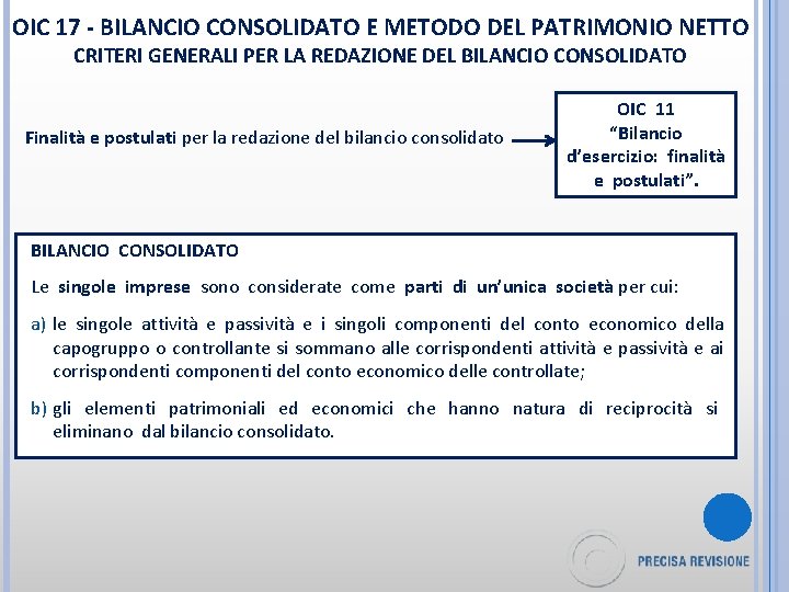 OIC 17 - BILANCIO CONSOLIDATO E METODO DEL PATRIMONIO NETTO CRITERI GENERALI PER LA