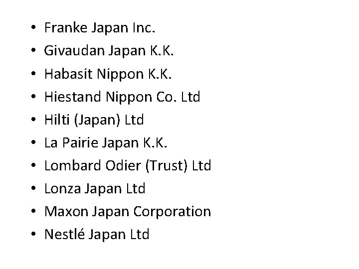  • • • Franke Japan Inc. Givaudan Japan K. K. Habasit Nippon K.