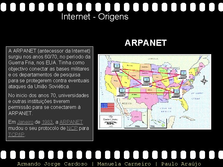 Internet - Origens ARPANET A ARPANET (antecessor da Internet) surgiu nos anos 60/70, no