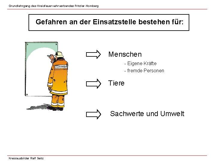 Grundlehrgang des Kreisfeuerwehrverbandes Fritzlar-Homberg Gefahren an der Einsatzstelle bestehen für: Menschen - Eigene Kräfte