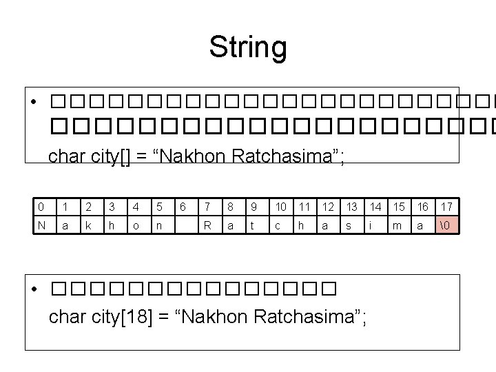 String • ������������ char city[] = “Nakhon Ratchasima”; 0 1 2 3 4 5