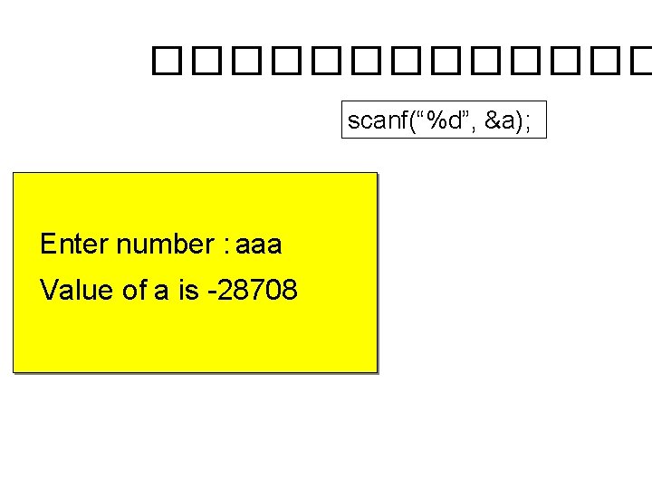 ������� scanf(“%d”, &a); Enter number : aaa Value of a is -28708 
