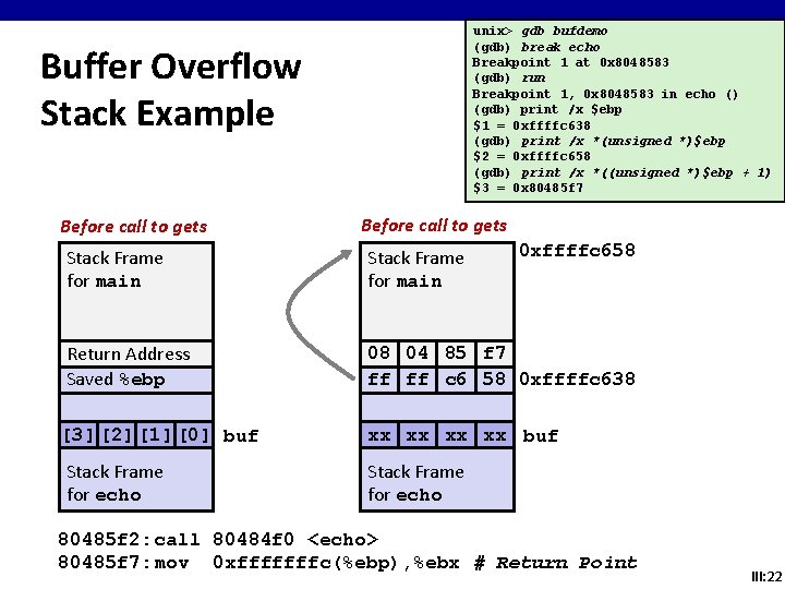 unix> gdb bufdemo (gdb) break echo Breakpoint 1 at 0 x 8048583 (gdb) run