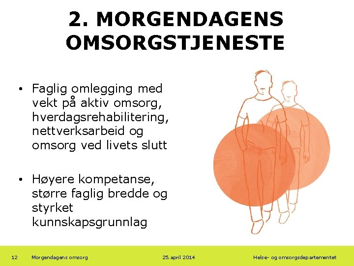 2. MORGENDAGENS OMSORGSTJENESTE • Faglig omlegging med vekt på aktiv omsorg, hverdagsrehabilitering, nettverksarbeid og