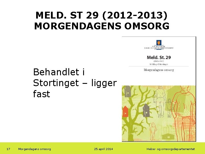 MELD. ST 29 (2012 -2013) MORGENDAGENS OMSORG Behandlet i Stortinget – ligger fast 17