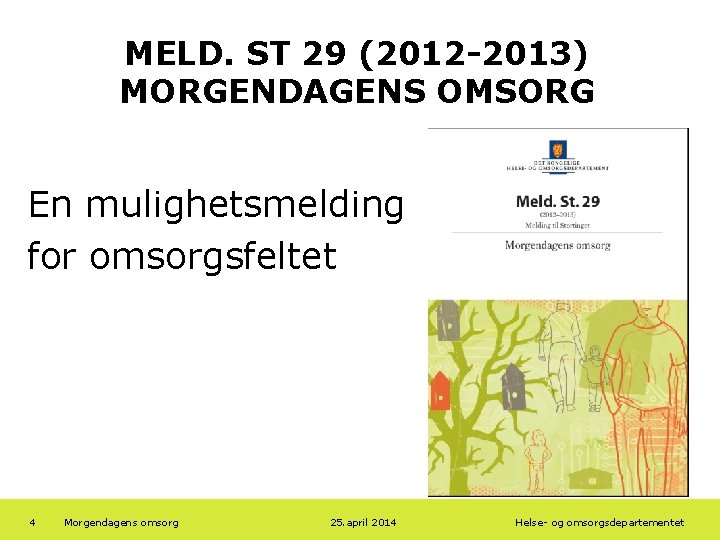 MELD. ST 29 (2012 -2013) MORGENDAGENS OMSORG En mulighetsmelding for omsorgsfeltet 4 Morgendagens omsorg