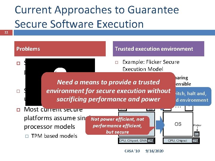 22 Current Approaches to Guarantee Secure Software Execution Problems Side-channel attacks are possible in