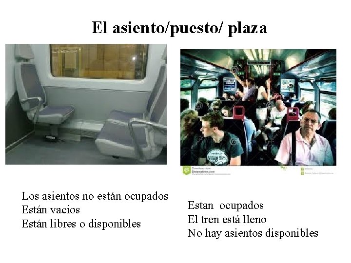 El asiento/puesto/ plaza Los asientos no están ocupados Están vacios Están libres o disponibles