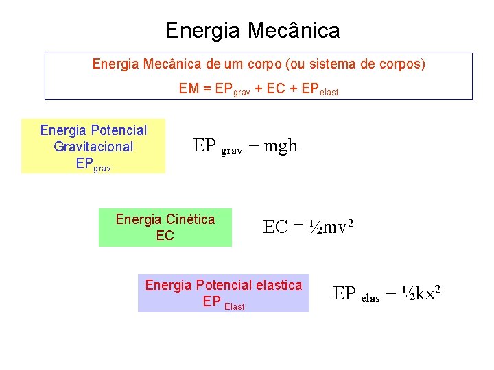 Energia Mecânica de um corpo (ou sistema de corpos) EM = EPgrav + EC