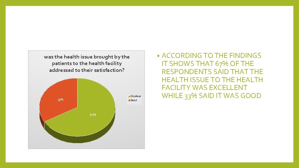  • ACCORDING TO THE FINDINGS was the health issue brought by the patients