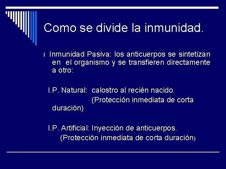 Como se divide la inmunidad. I Inmunidad Pasiva: los anticuerpos se sintetizan en el