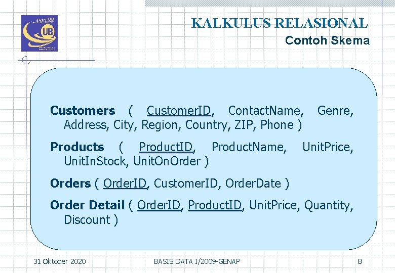 KALKULUS RELASIONAL Contoh Skema Customers ( Customer. ID, Contact. Name, Address, City, Region, Country,