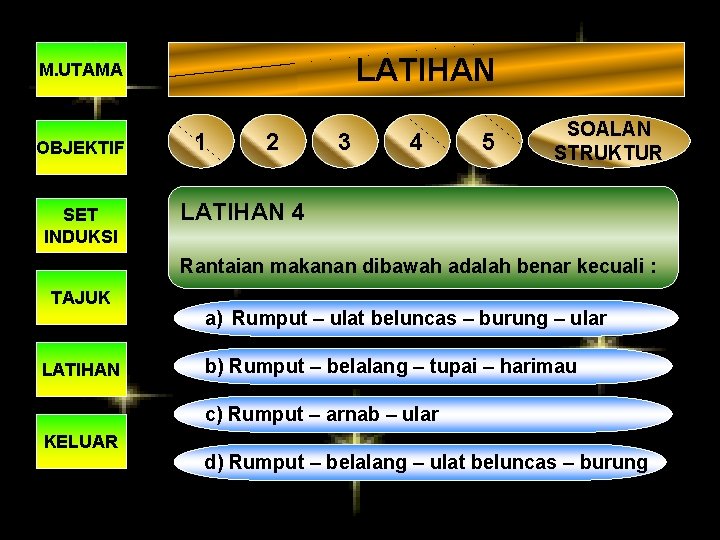 LATIHAN M. UTAMA OBJEKTIF SET INDUKSI 1 2 3 4 5 SOALAN STRUKTUR LATIHAN
