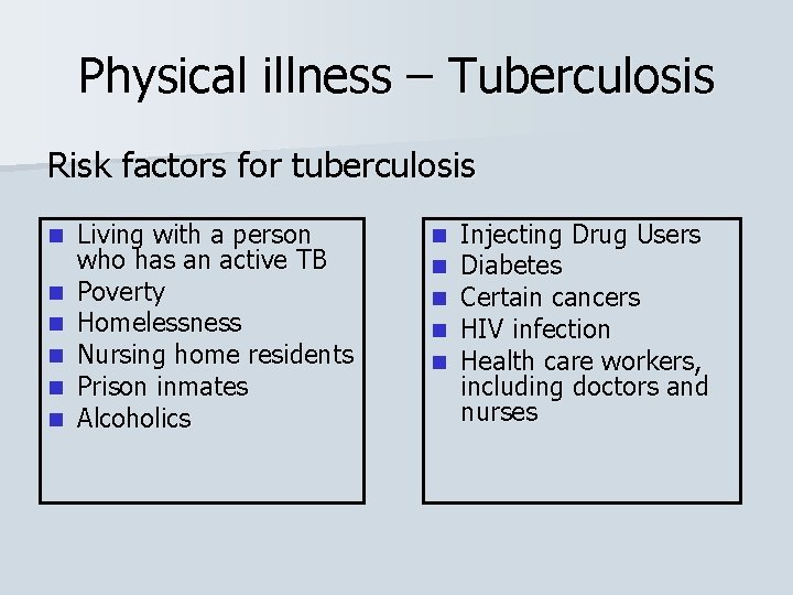 Physical illness – Tuberculosis Risk factors for tuberculosis n n n Living with a