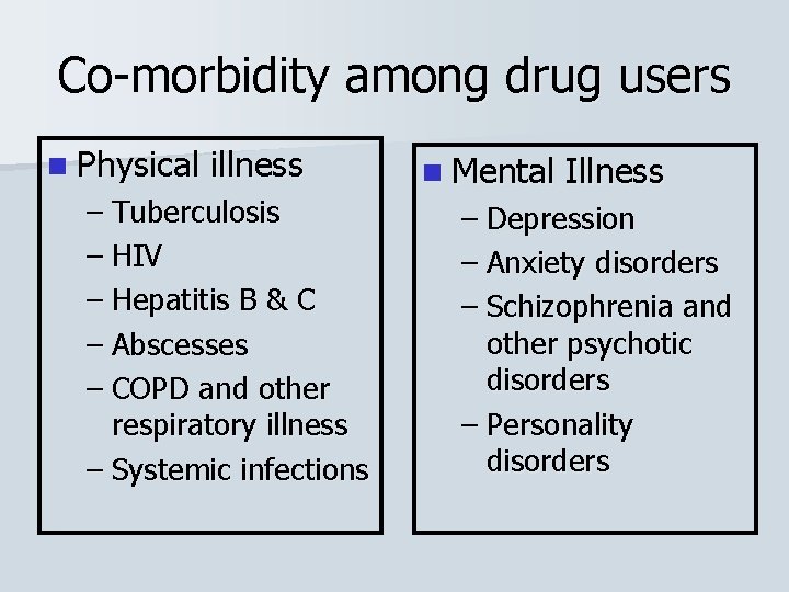 Co-morbidity among drug users n Physical illness – Tuberculosis – HIV – Hepatitis B