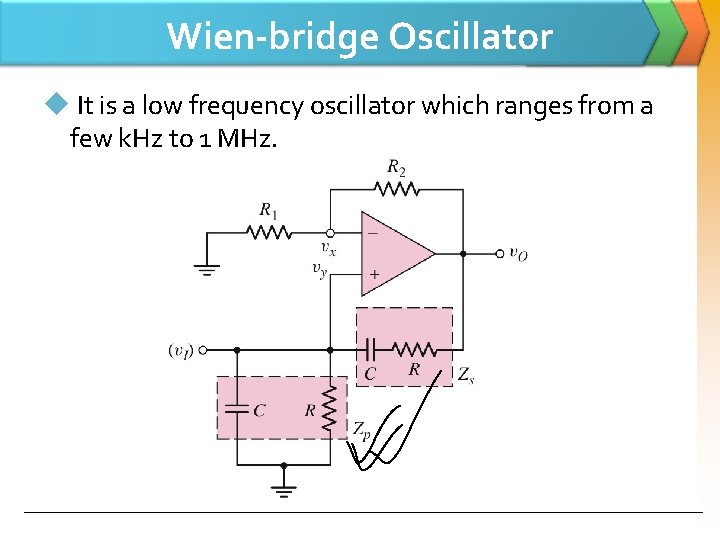 Wien-bridge Oscillator u It is a low frequency oscillator which ranges from a few