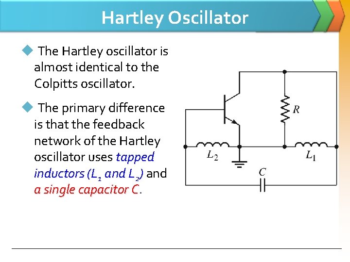 Hartley Oscillator u The Hartley oscillator is almost identical to the Colpitts oscillator. u