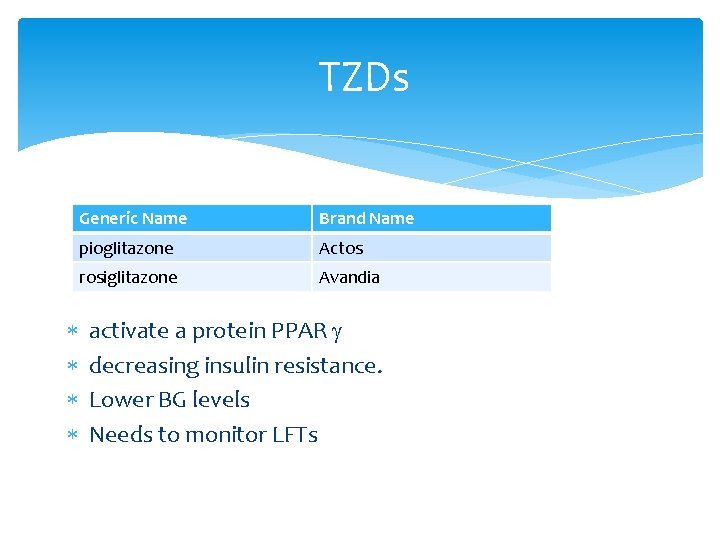  TZDs Generic Name Brand Name pioglitazone Actos rosiglitazone Avandia activate a protein PPAR