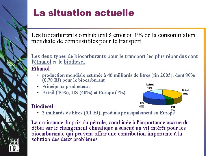 La situation actuelle Les biocarburants contribuent à environ 1% de la consommation mondiale de