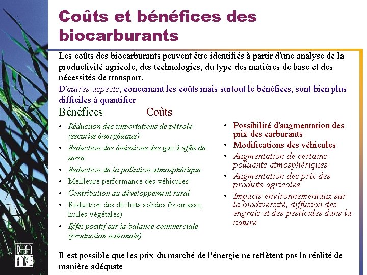 Coûts et bénéfices des biocarburants Les coûts des biocarburants peuvent être identifiés à partir