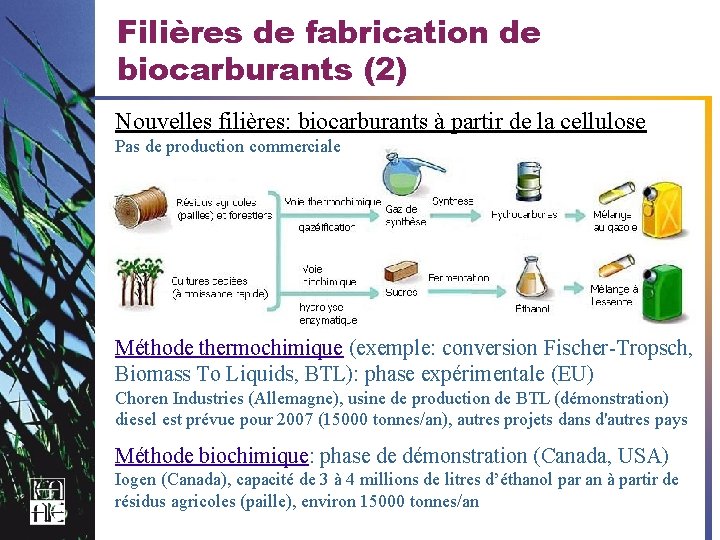 Filières de fabrication de biocarburants (2) Nouvelles filières: biocarburants à partir de la cellulose