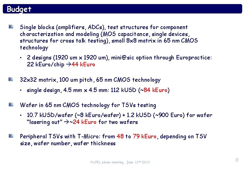 Budget Single blocks (amplifiers, ADCs), test structures for component characterization and modeling (MOS capacitance,