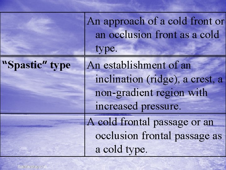 An approach of a cold front or an occlusion front as a cold type.